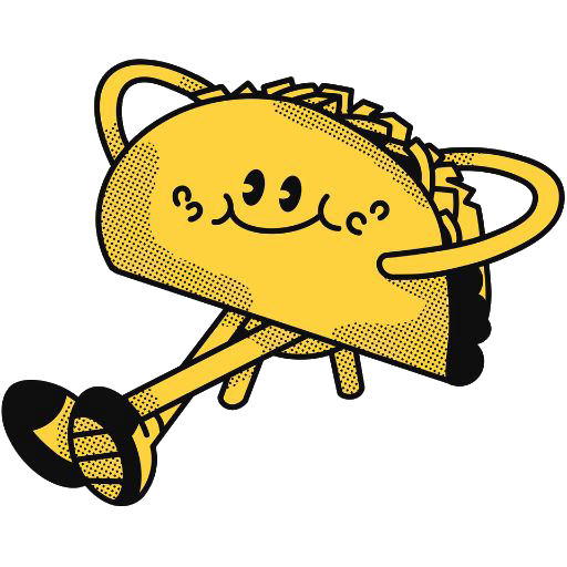 Amor al Taco mascot — dancing taco with a trumpet